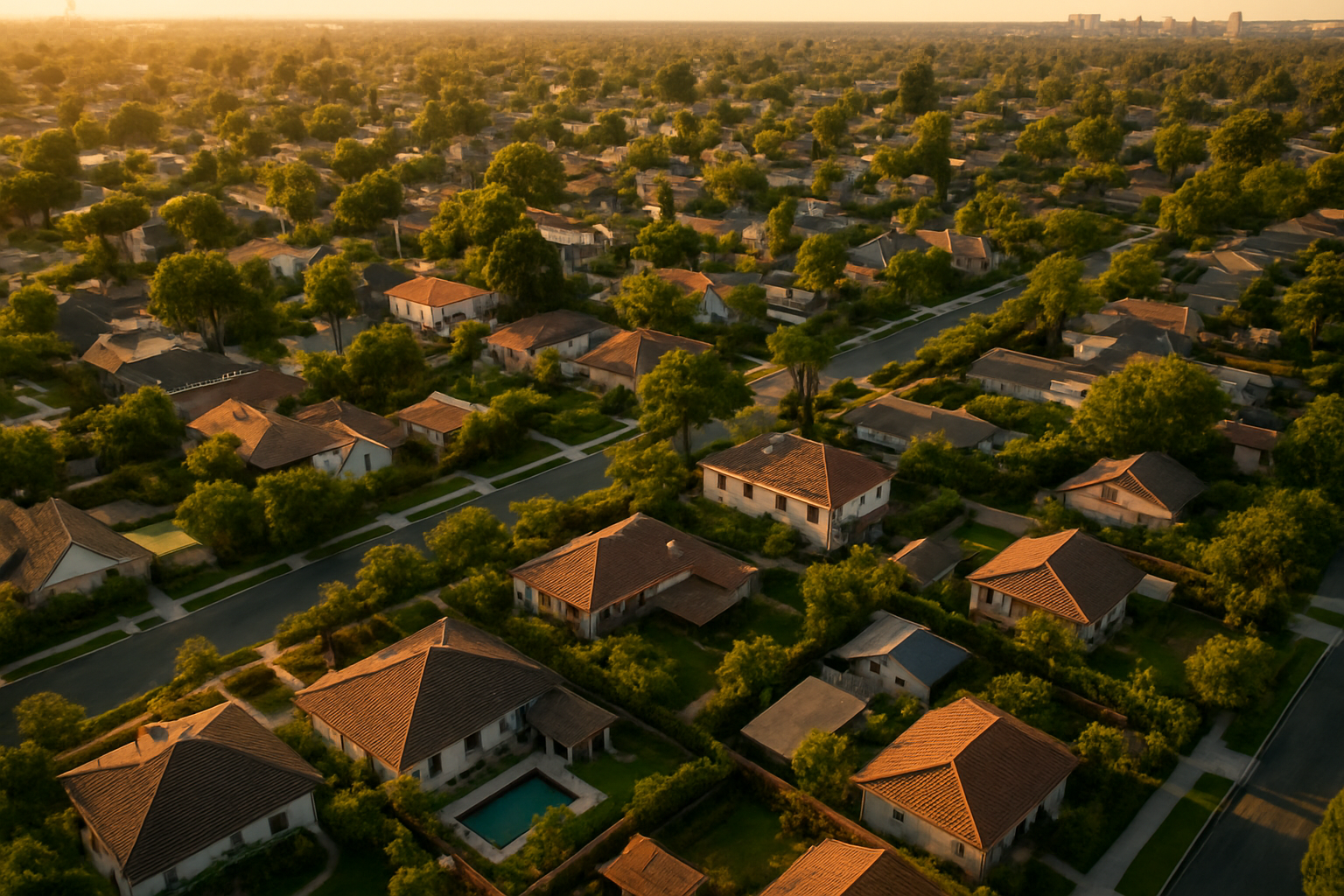 Aerial view of Los Angeles residential neighborhood showing backyard ADU structures