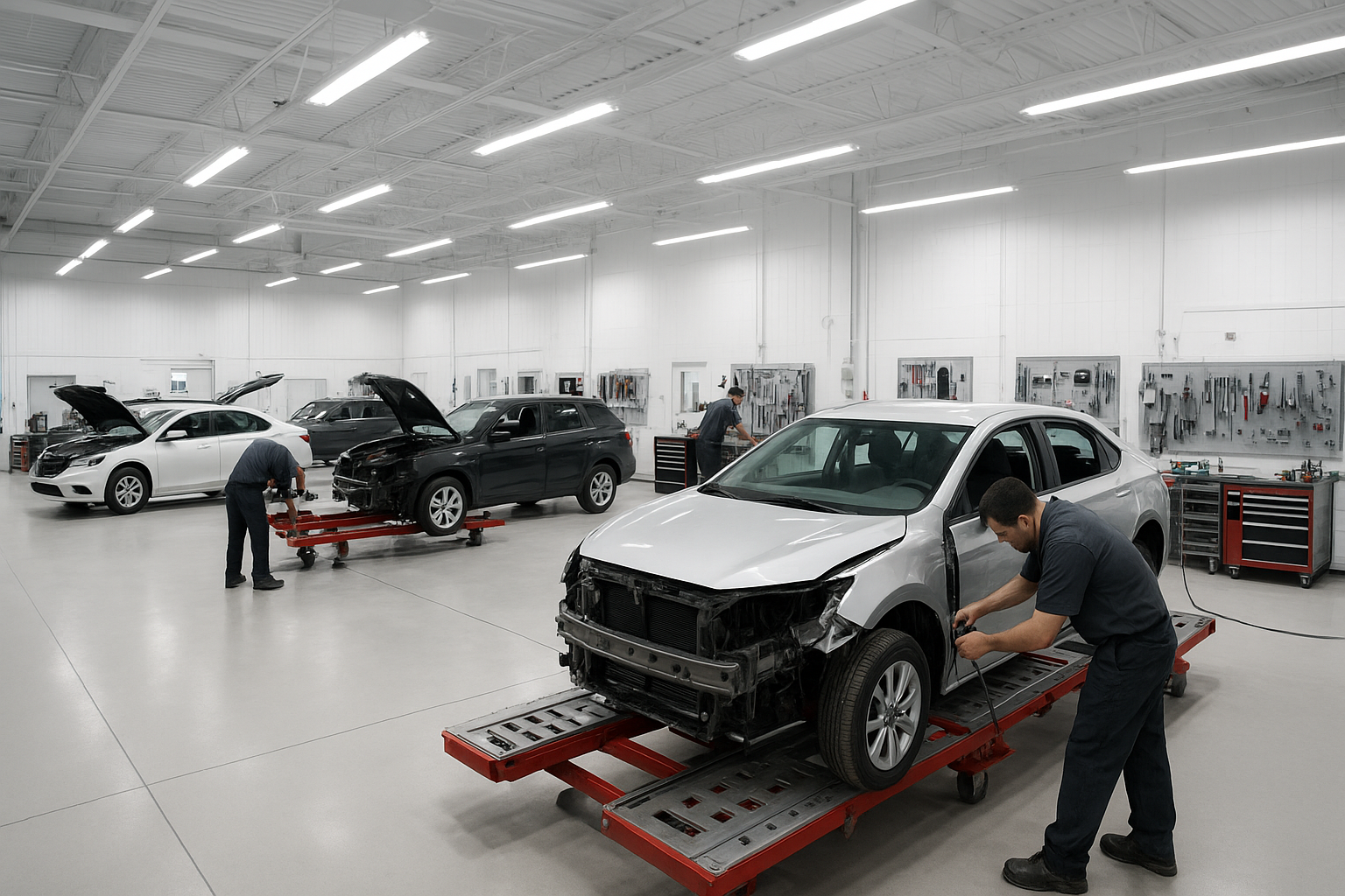 Modern auto body repair facility interior with multiple vehicles being restored by collision repair technicians