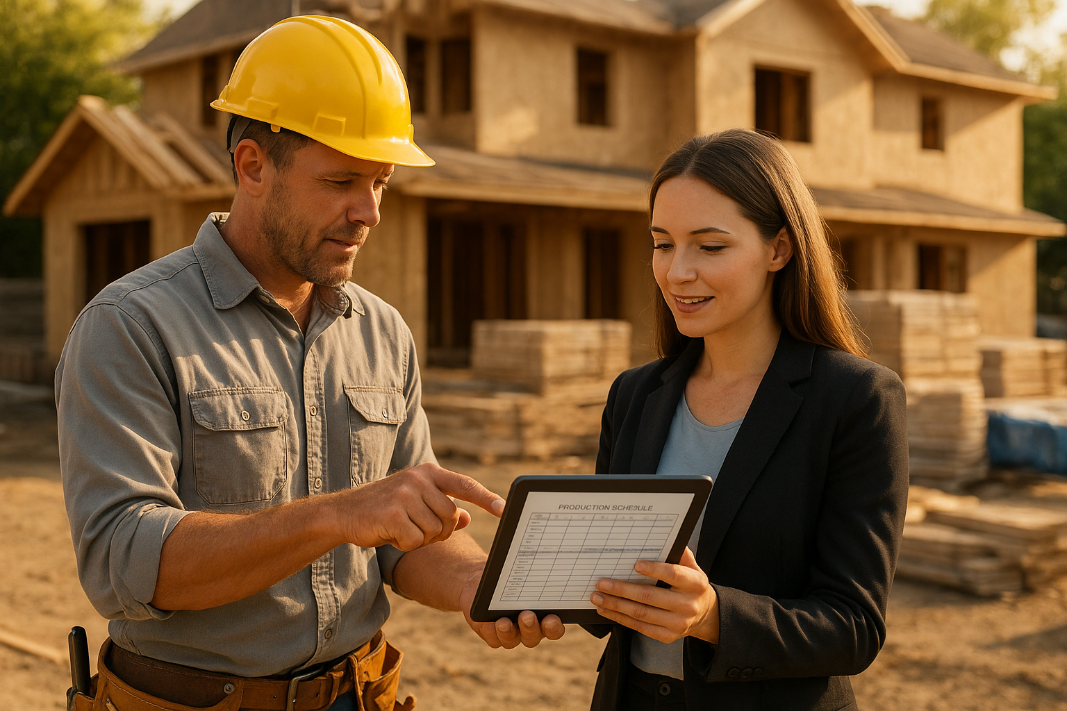 Contractor and office staff reviewing a production schedule on a home improvement job site