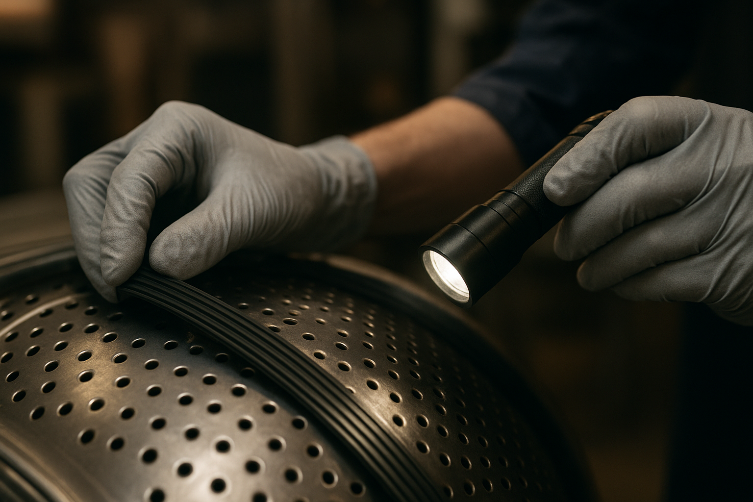 Close-up view of a washing machine belt being examined during an appliance inspection checklist