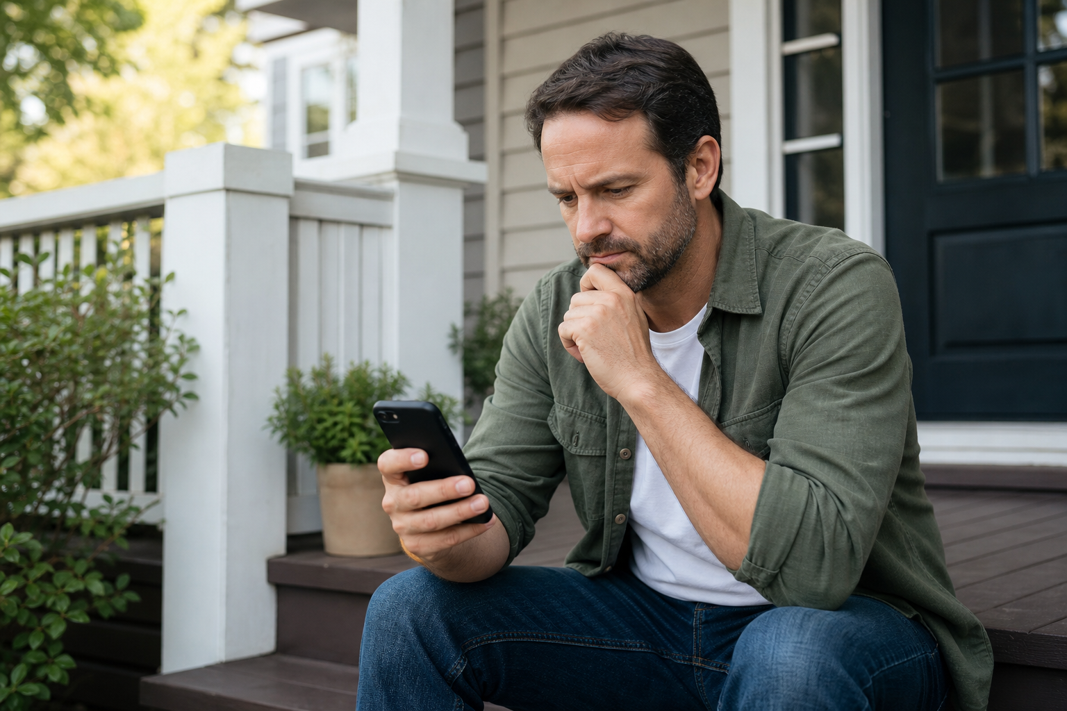 Homeowner reading online reviews on a smartphone before choosing a local service provider