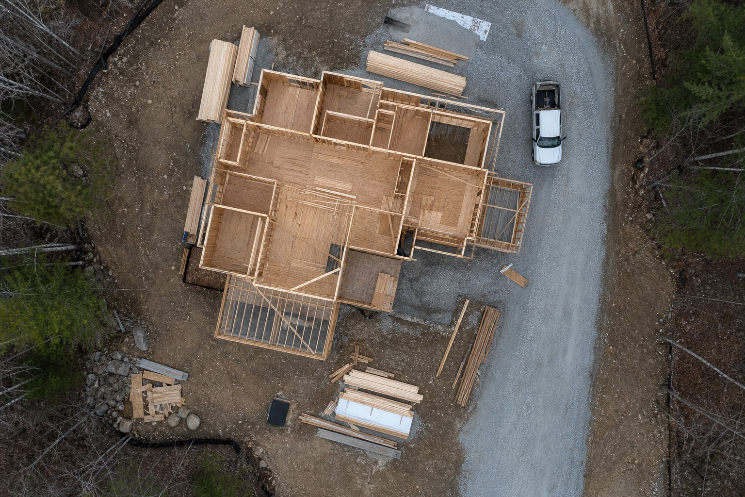 Overhead drone view of a construction site used for aerial construction support monitoring