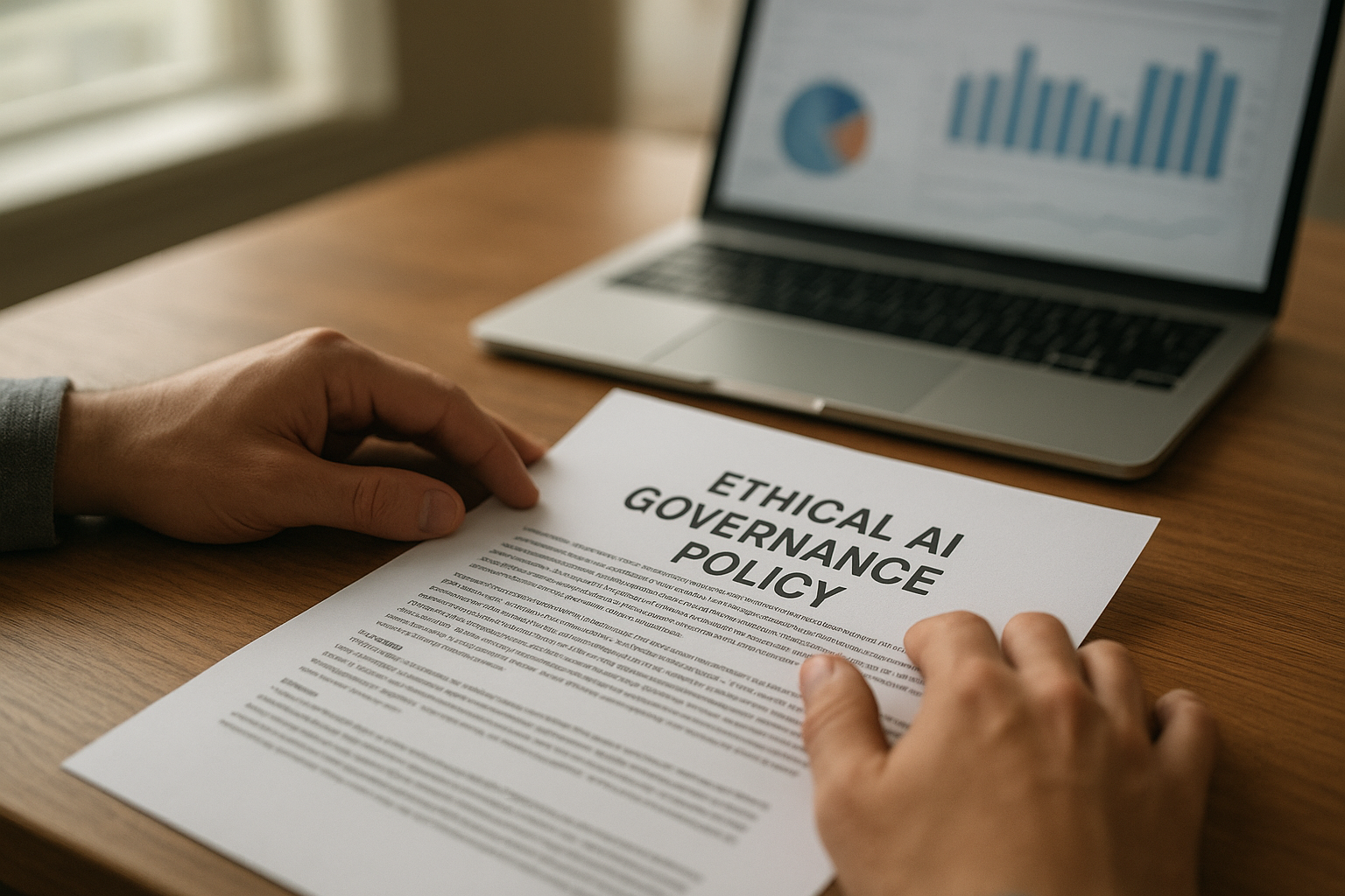 Reviewing a printed ethical AI governance framework policy next to a laptop with data charts