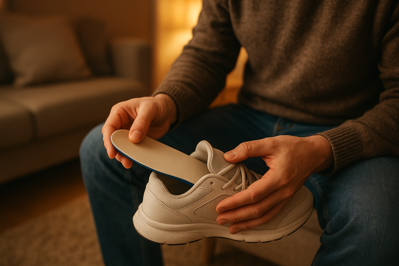 Person fitting a custom orthotic insole into a sneaker at home
