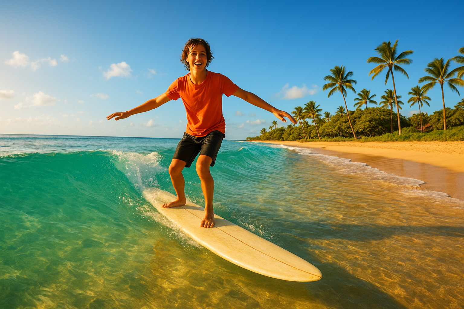 Beginner student riding a wave during surfing lessons on Oahu at a sunny Hawaiian beach
