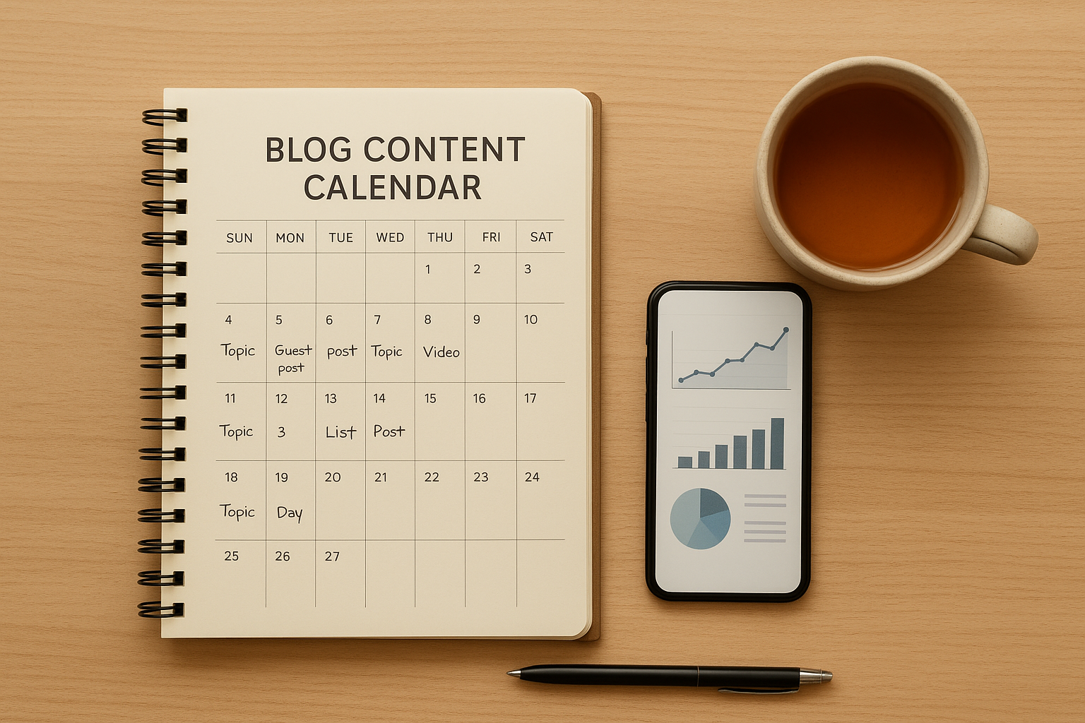 Blog content calendar and analytics on a desk representing blog growth planning after launch