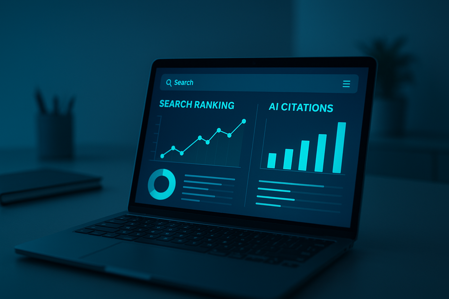 Dashboard of a search authority platform showing AI search visibility metrics