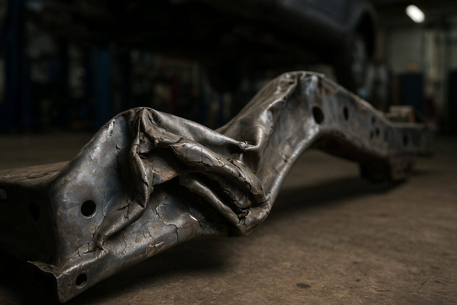 Bent vehicle frame showing clear frame damage signs after accident with crumpled steel chassis rail