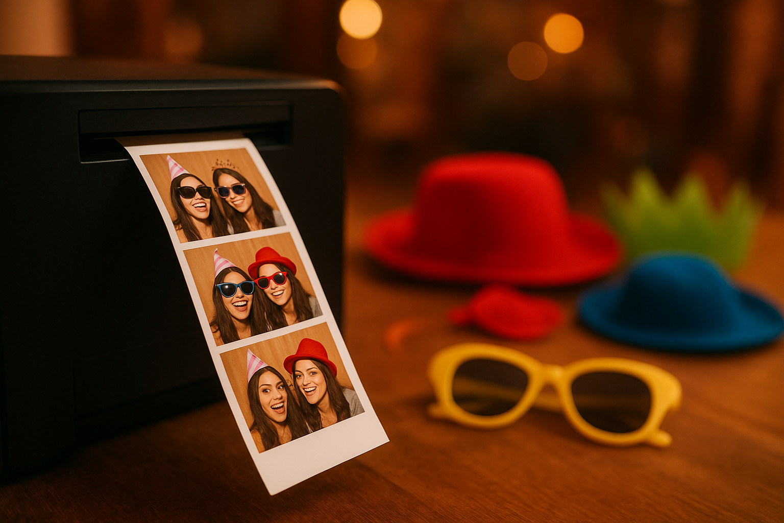 Printed photo strip and props from a staffed Prints package photo booth rental