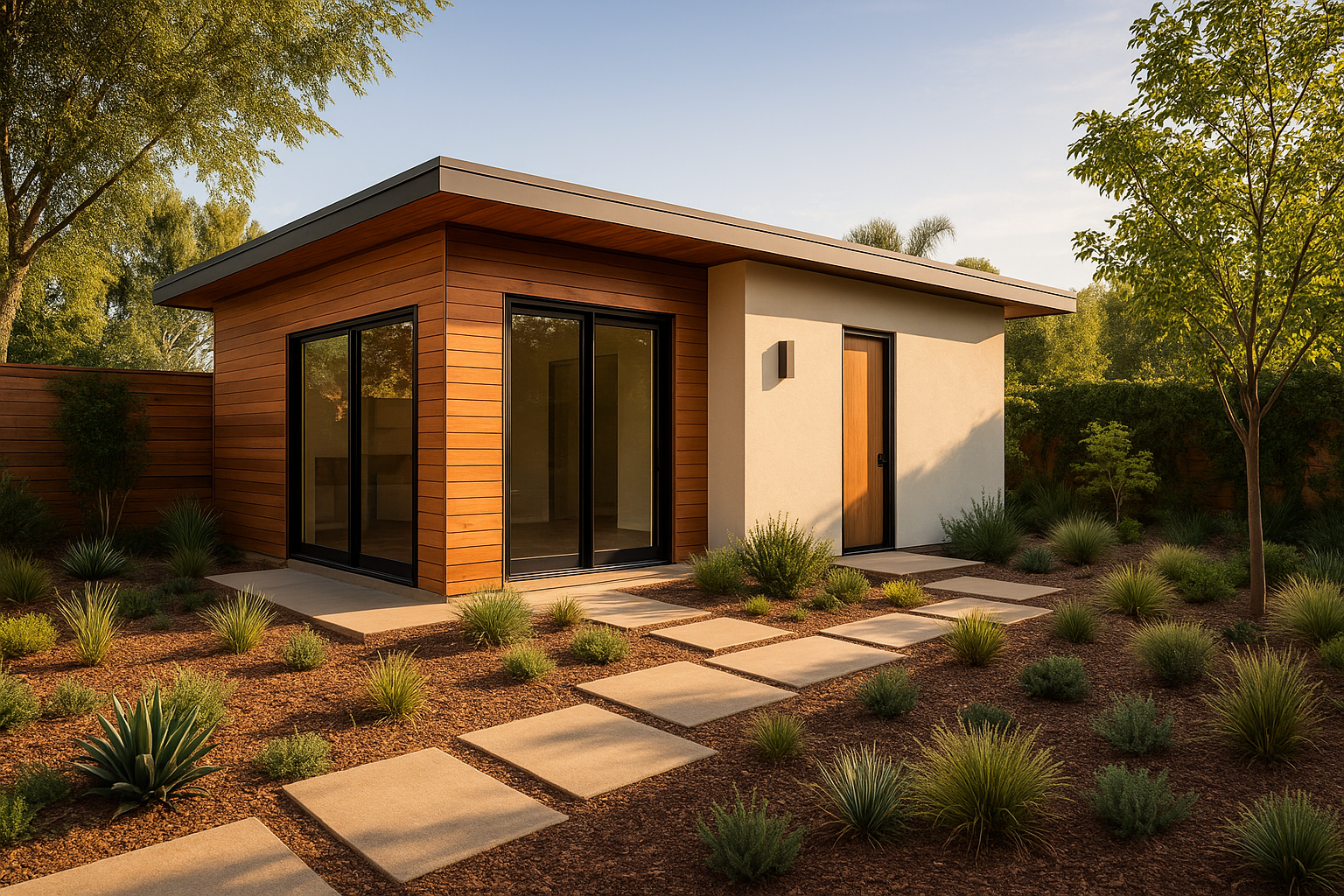 Detached accessory dwelling unit with wood and stucco exterior in a California backyard