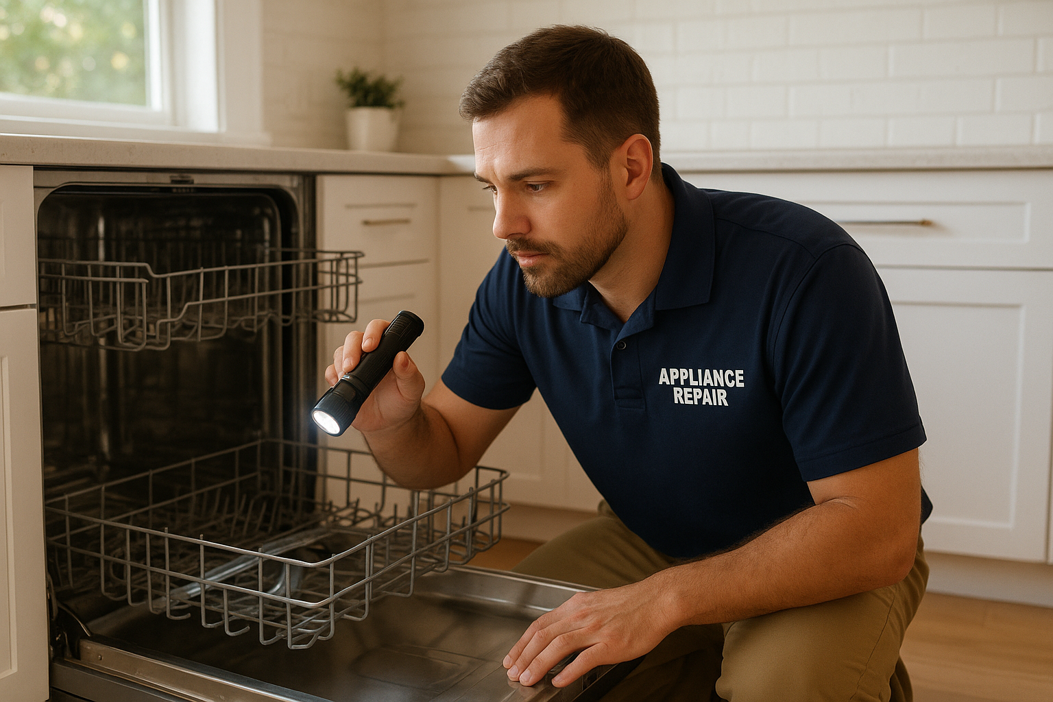 Technician providing reliable dishwasher repair in a Santa Rosa home kitchen