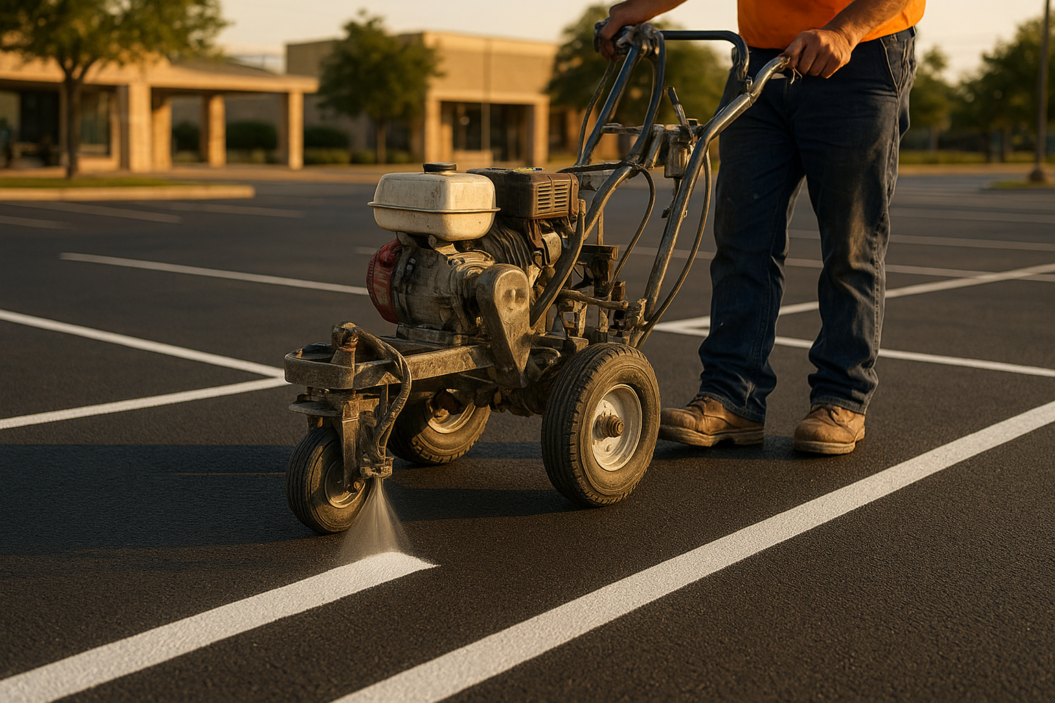 Professional parking lot striping machine applying fresh white stall markings on commercial asphalt in DFW Texas