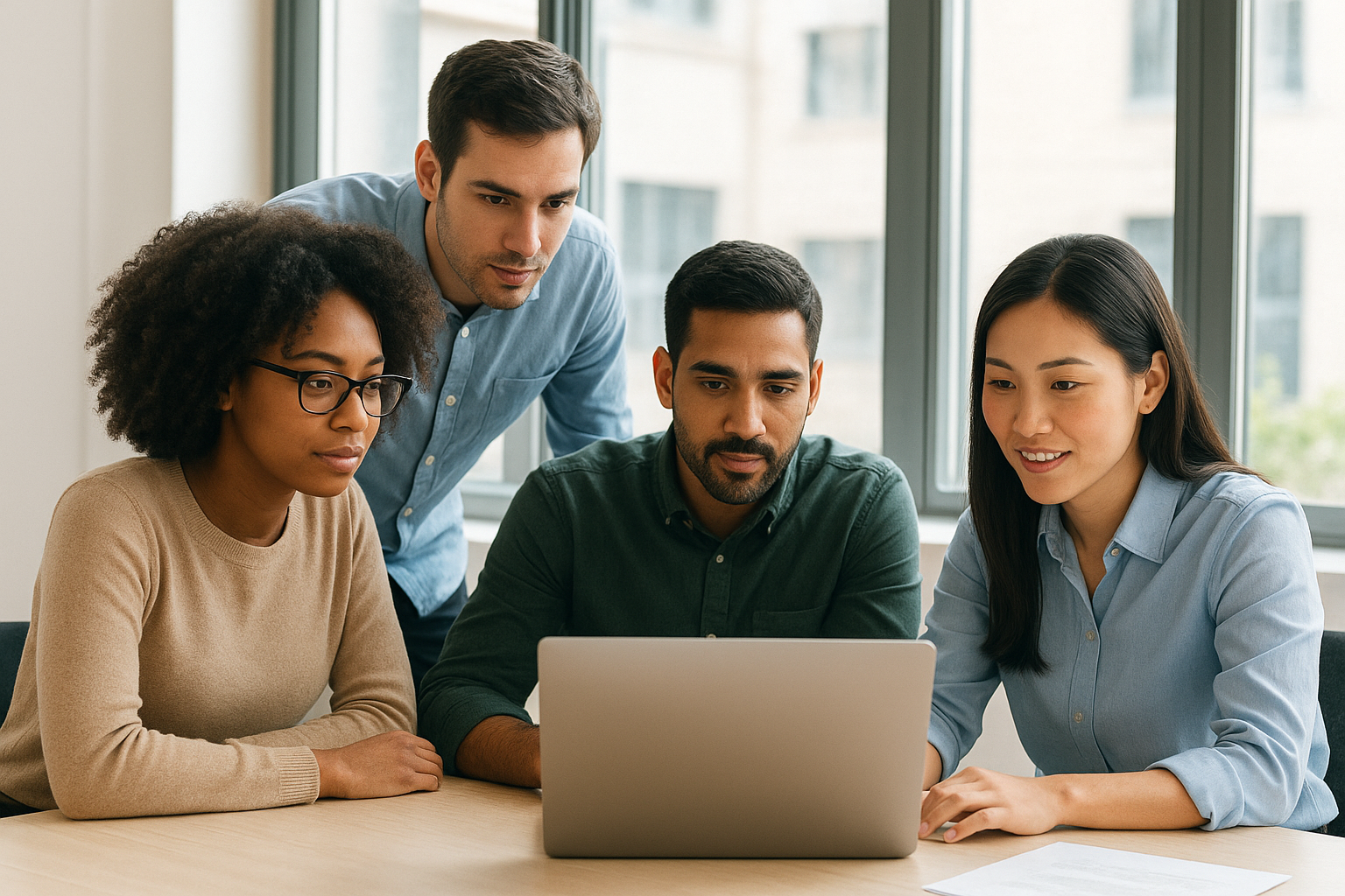 Marketing team reviewing AI-generated SEO drafts before publishing