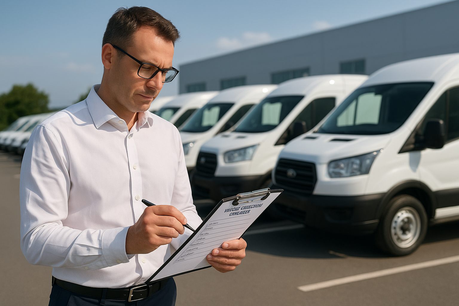 Fleet manager inspecting commercial vehicles and reviewing maintenance checklist outdoors