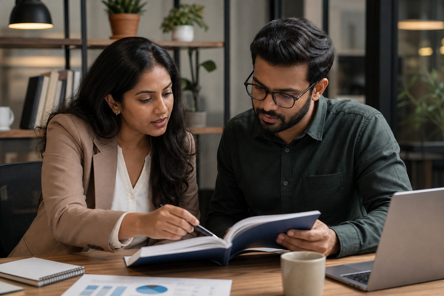 HR consultant reviewing an employee handbook with a startup founder