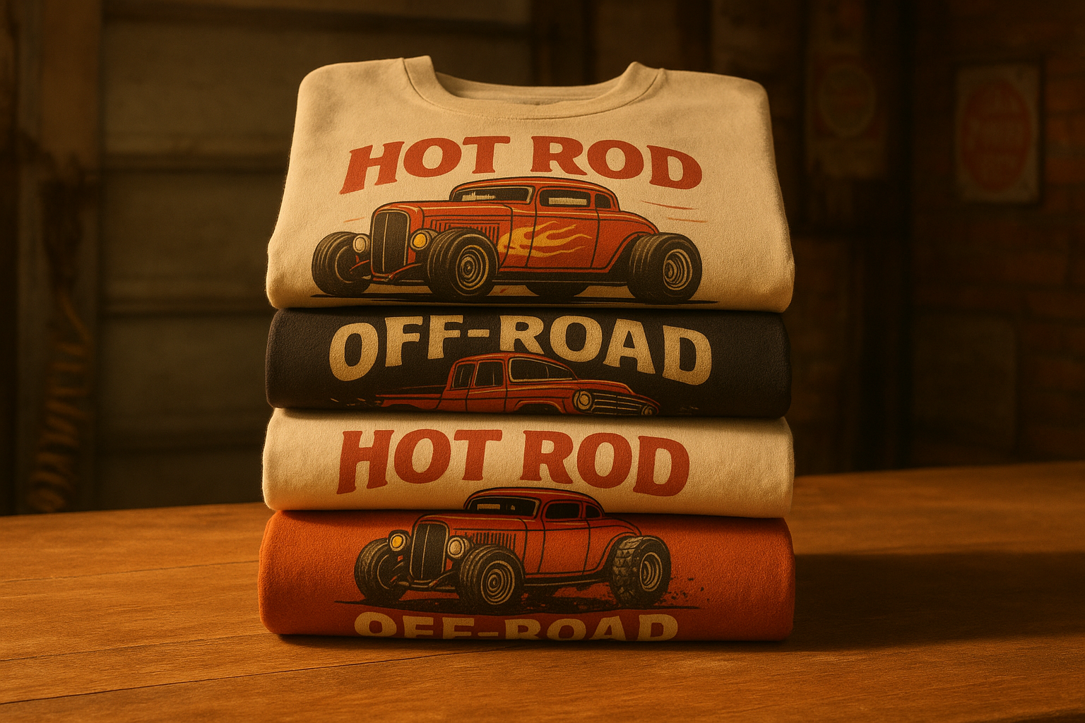 Rack of vintage-inspired custom graphic t-shirts with hot rod and off-road designs