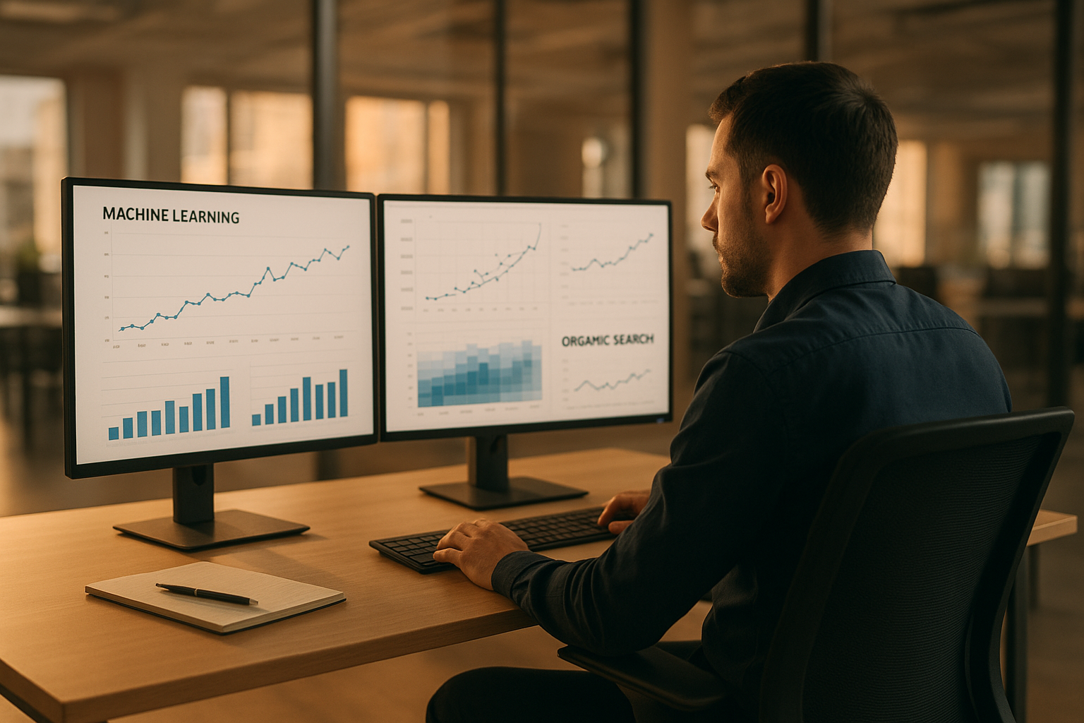 SEO professional reviewing machine learning trend data as part of an ai-driven seo analytics workflow