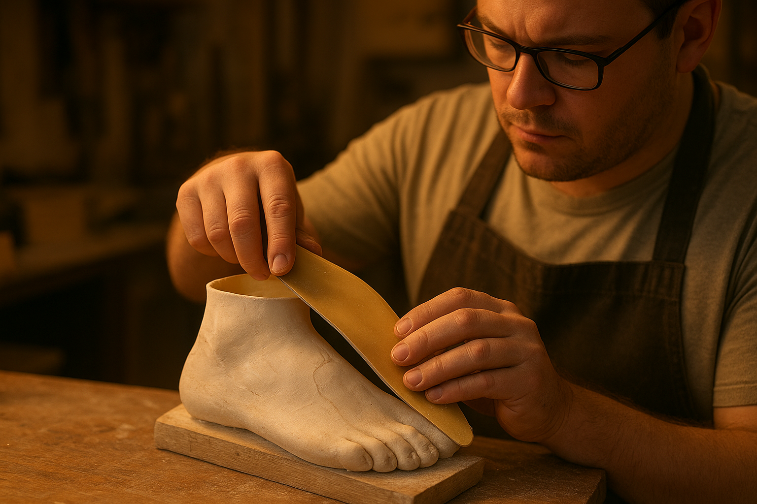 Podiatric lab technician fabricating a custom orthotic from a foot mold