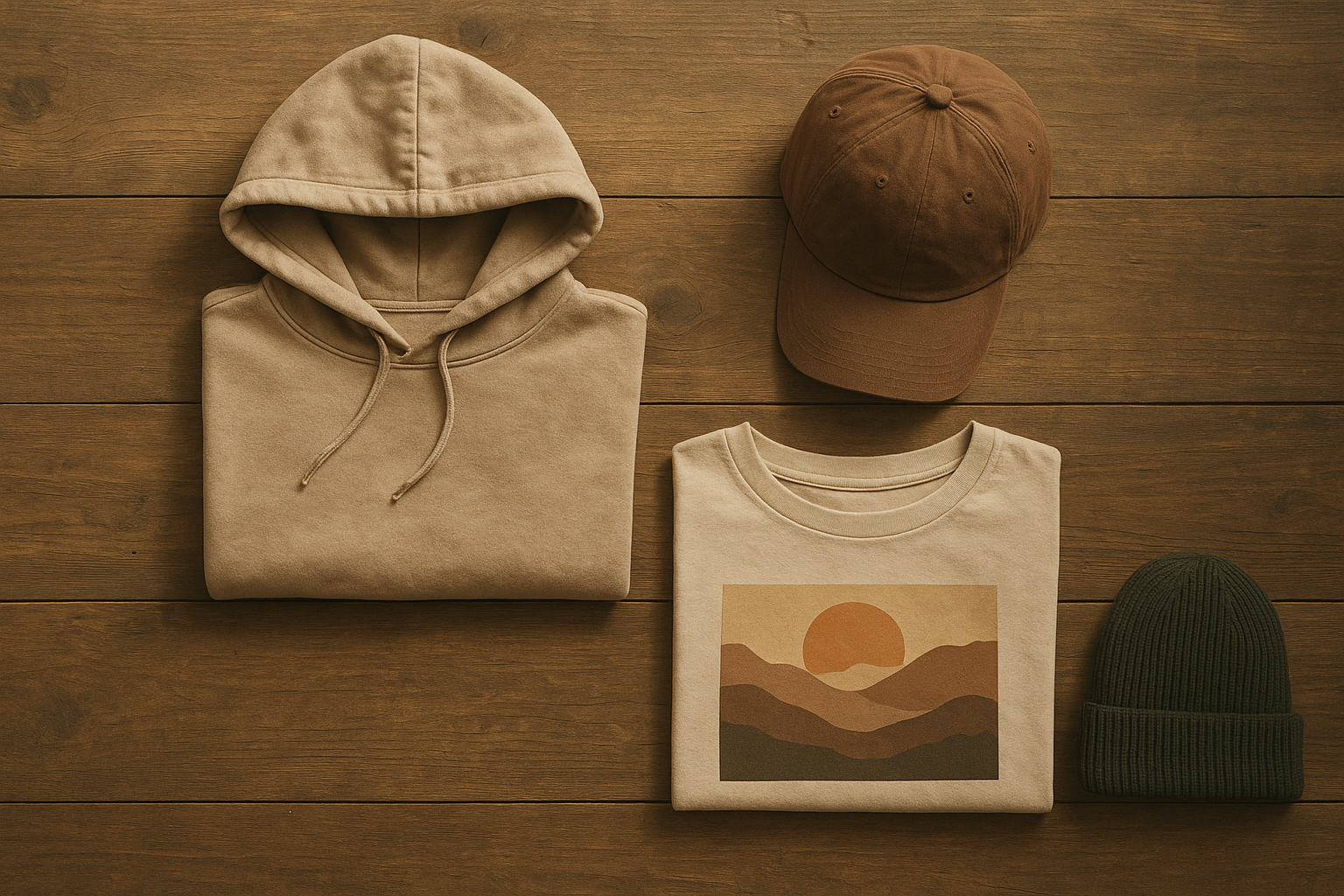 Flat lay of a crop hoodie and graphic crop top with matching cap and beanie accessories