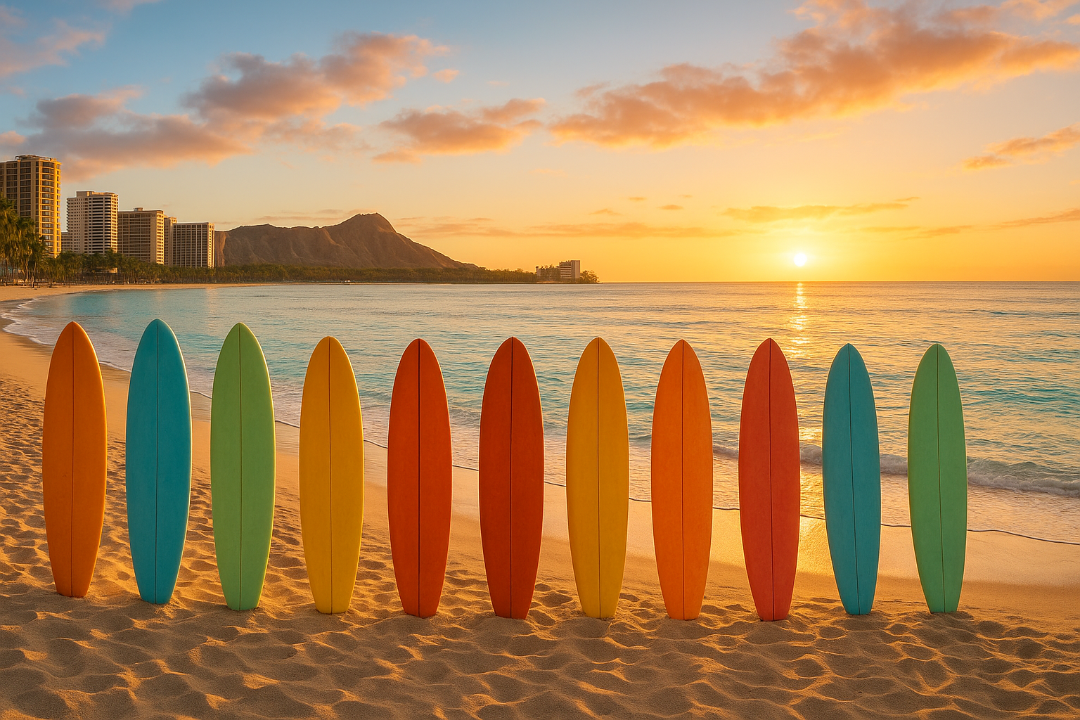 Panoramic view of Waikiki Beach with surfboards lined up for a family lesson at sunrise