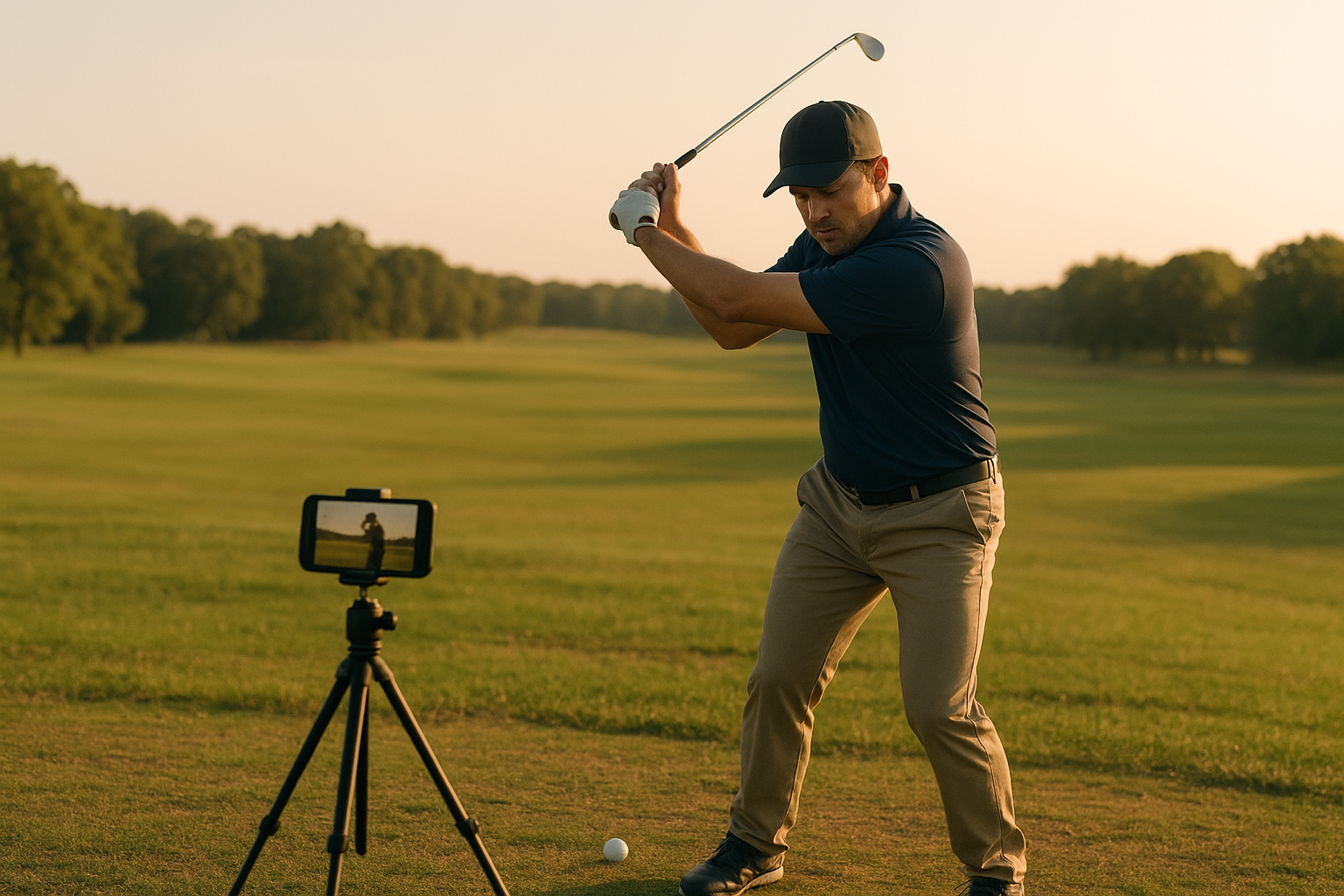 Amateur golfer recording practice swing for a remote coaching video review