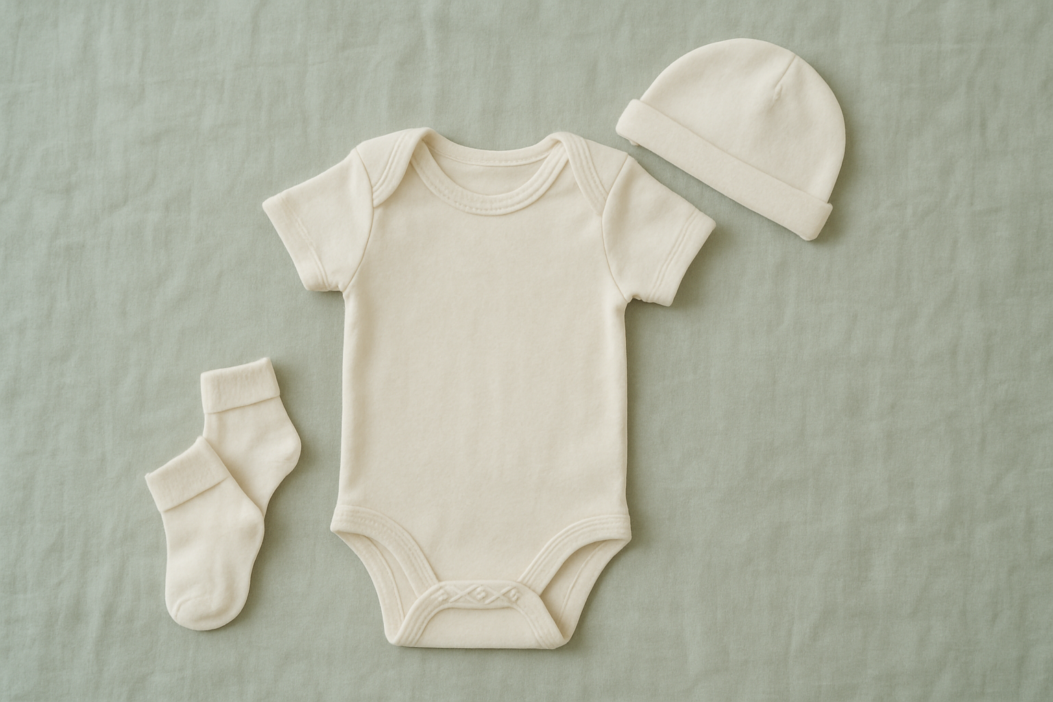 Assortment of natural fiber organic baby clothing items including a onesie, socks, and hat on sage green linen