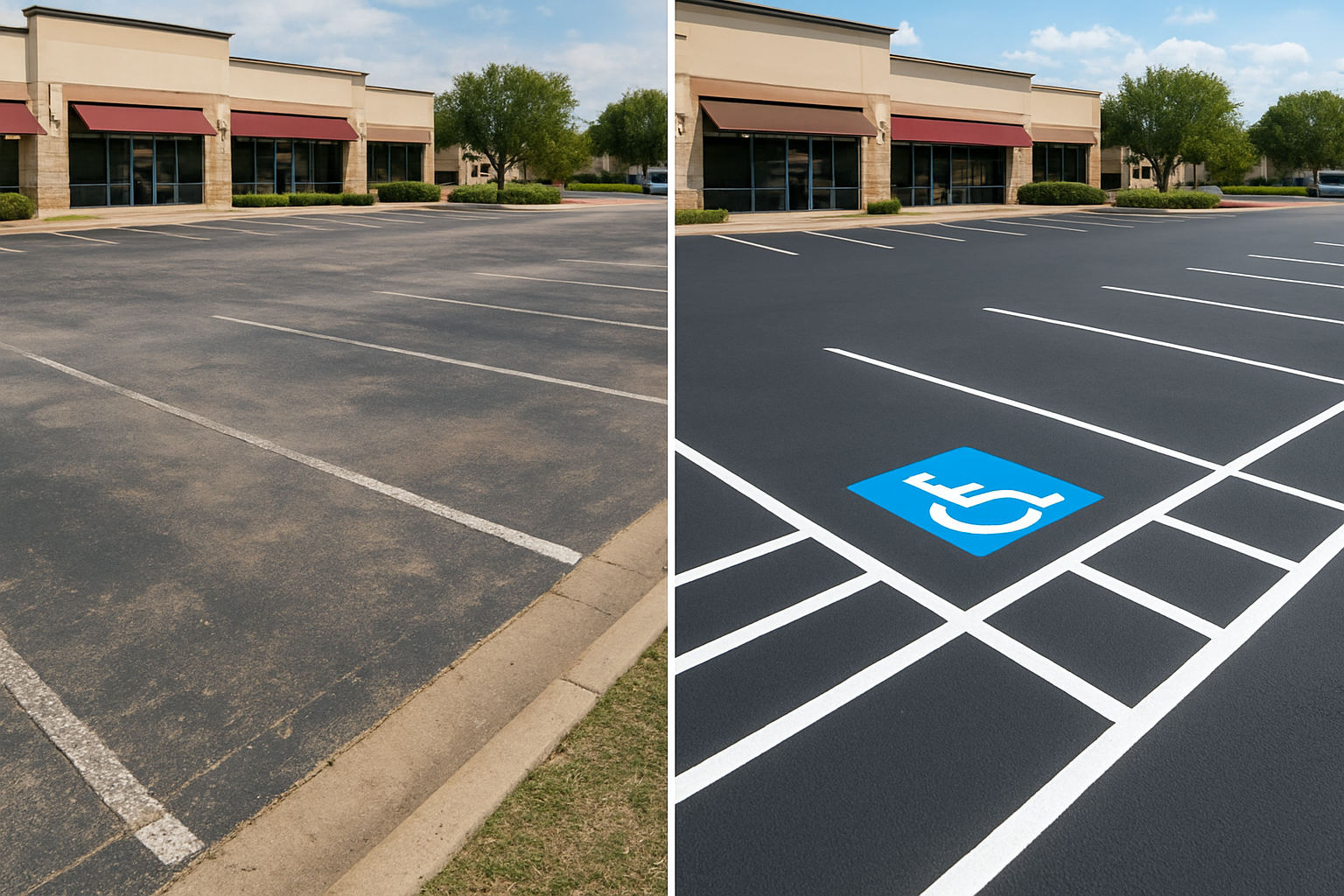 Before and after comparison of faded and freshly restriped parking lot lines at a Dallas commercial property