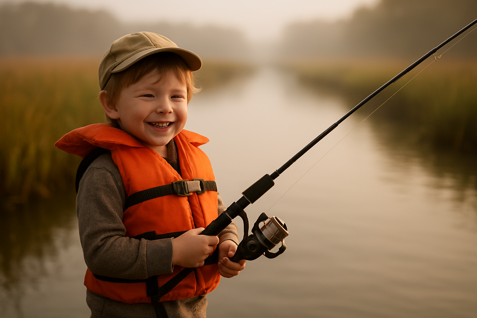Child in a life jacket reeling in a fish during a children fishing trip in Myrtle Beach backwater creek