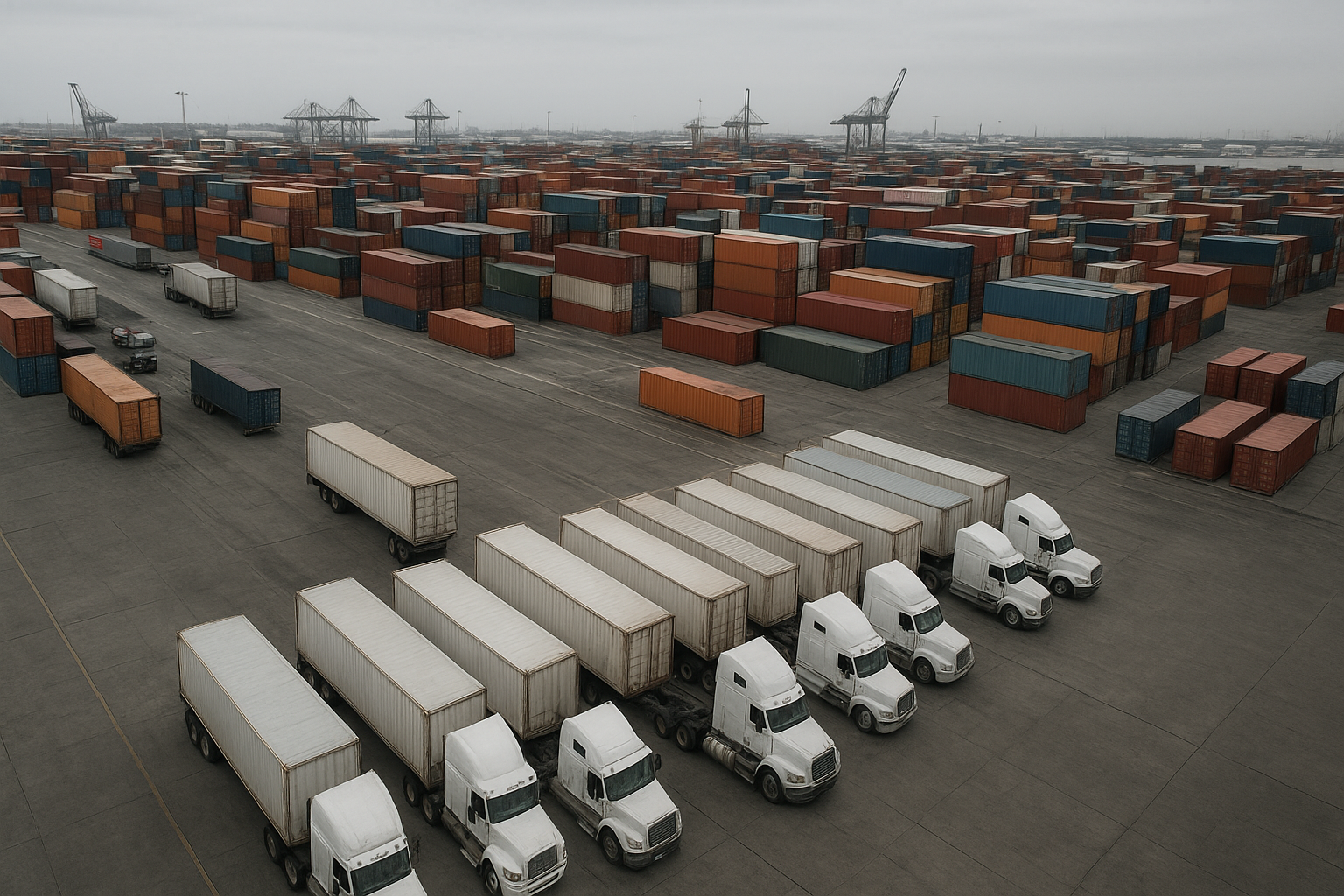 Trucks queued for drayage pickup of harbour freight containers at a port yard