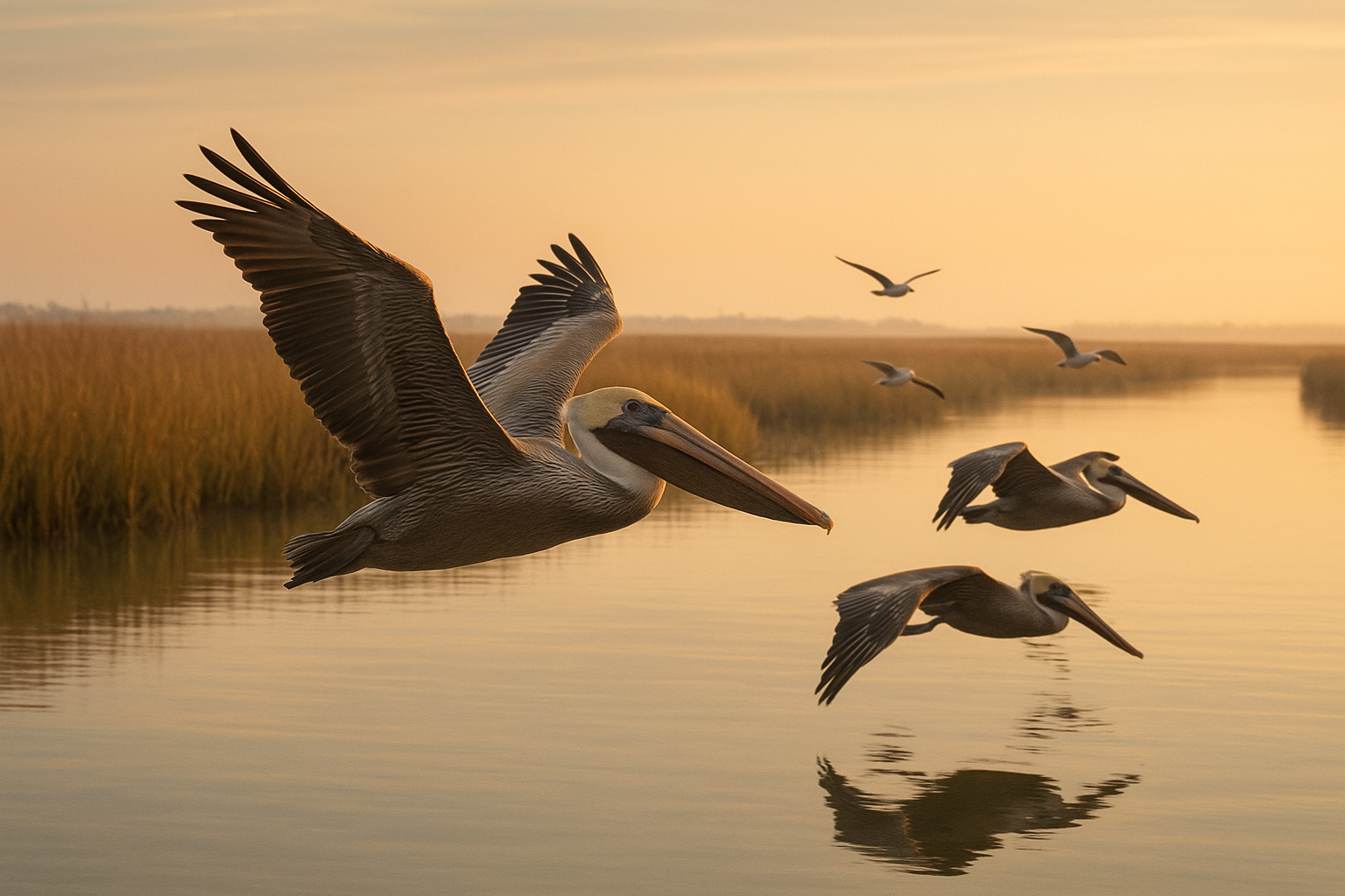 Seabirds flying over a Grand Strand marsh creek during a private eco tour