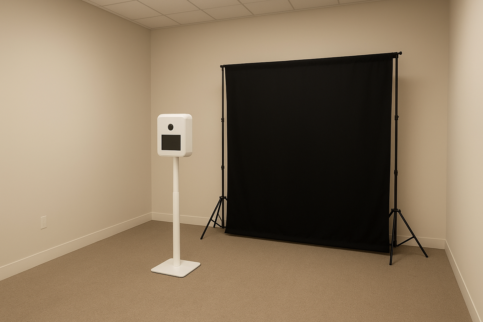 Empty event space prepared for a 2 hour photo booth rental with prints setup