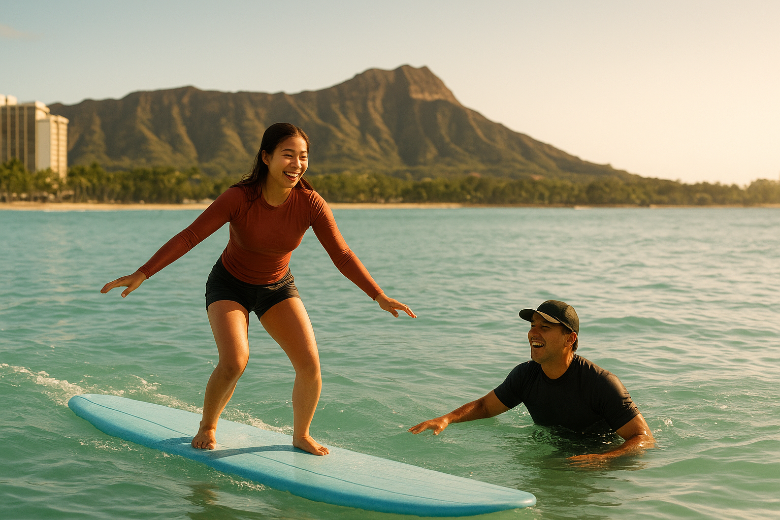 Beginner surfer riding a wave with instructor support at an Oahu surf school beginner friendly lesson