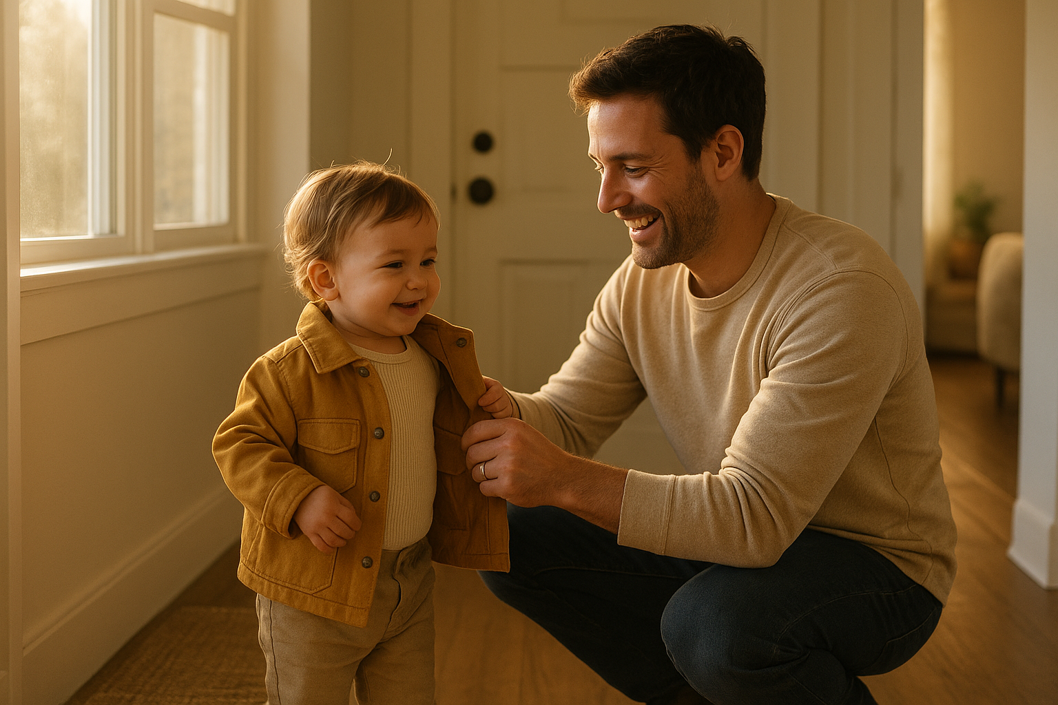 Parent dressing toddler in stylish clothing before heading out for the day