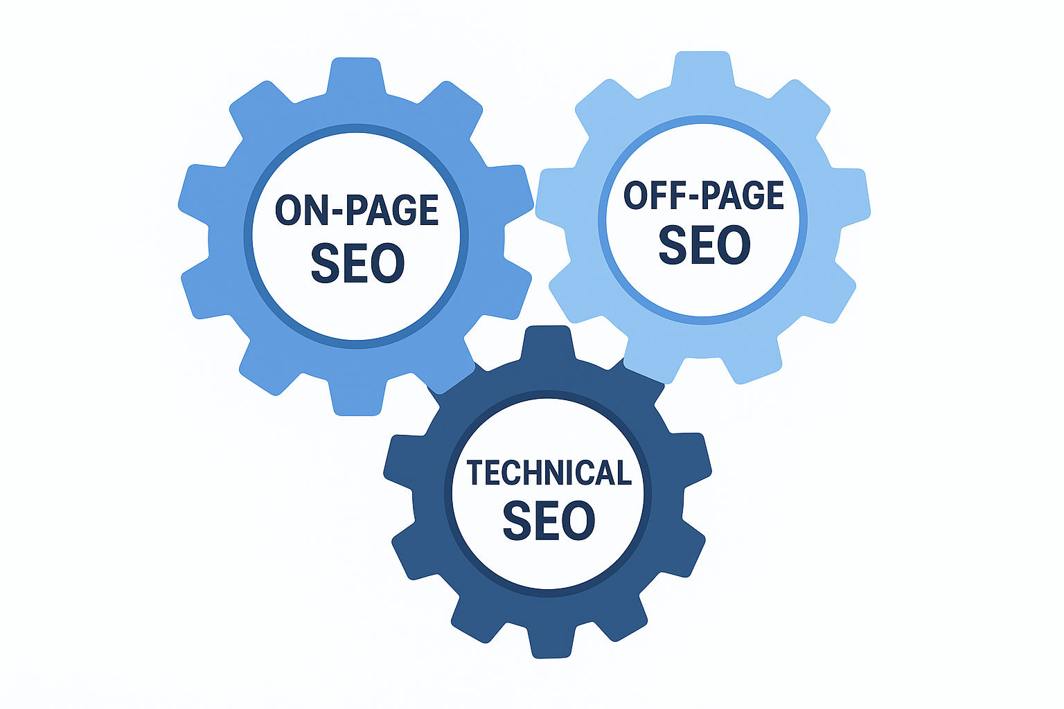 Three interconnected gears representing the three pillars of search engine optimization: on-page, off-page, and technical