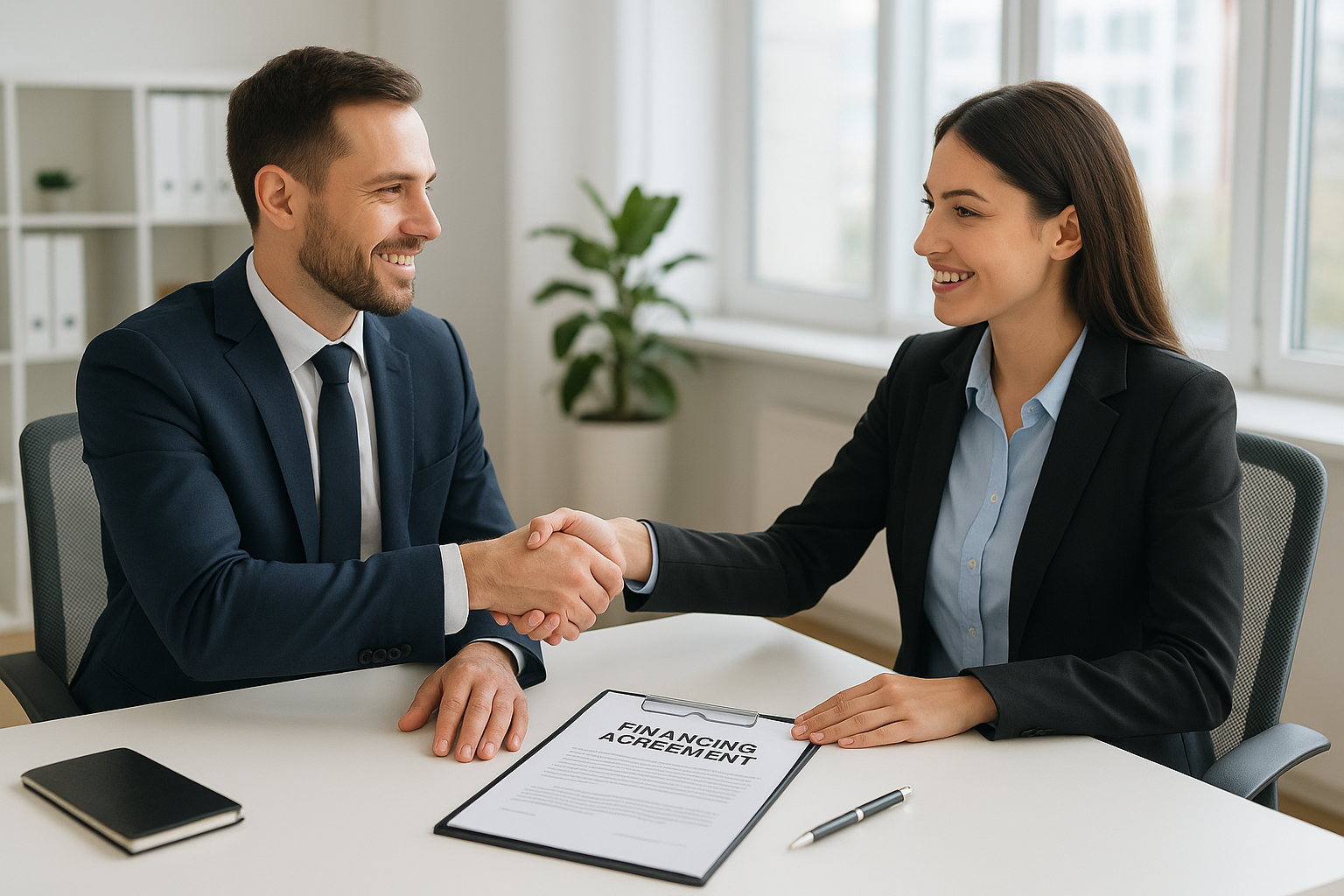 Business owner and lender shaking hands after finalizing a business financing agreement