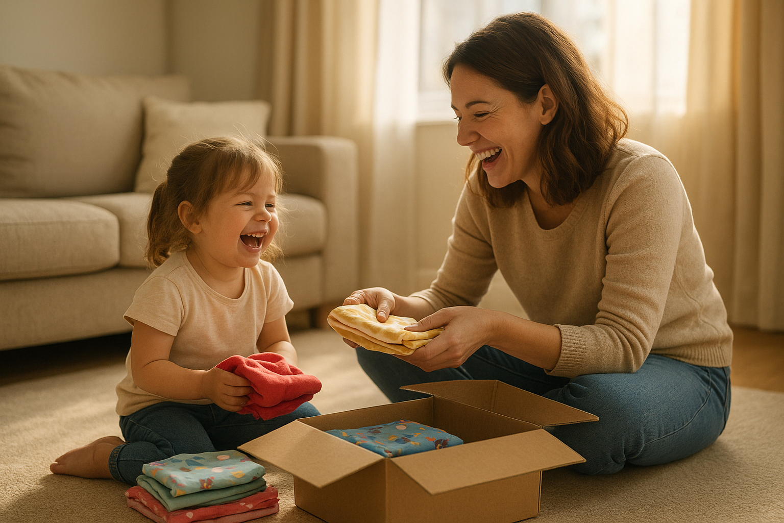Parent and child packing a bundle for a children's clothing rental swap