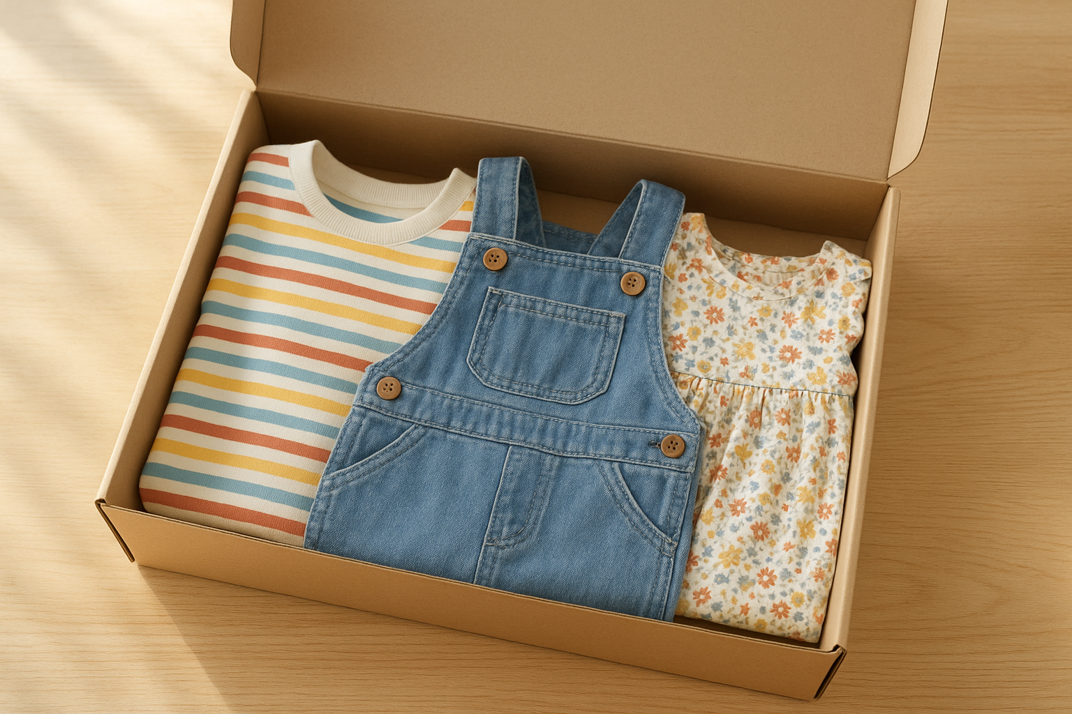 Open stylish toddler apparel subscription box with curated clothing items on a wooden surface