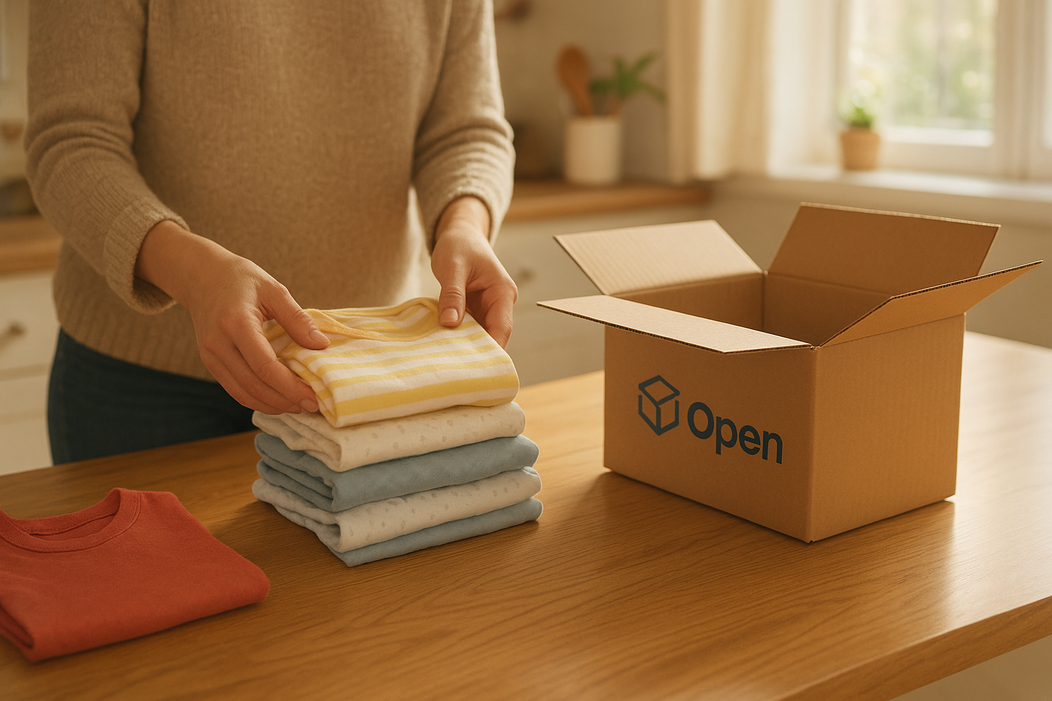 Parent packing returned kids clothing items back into a rental subscription box