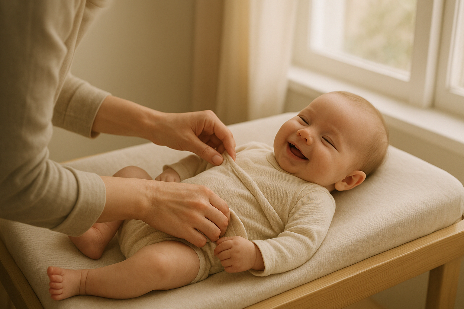 Parent dressing an infant in soft clothing sourced from a rental subscription