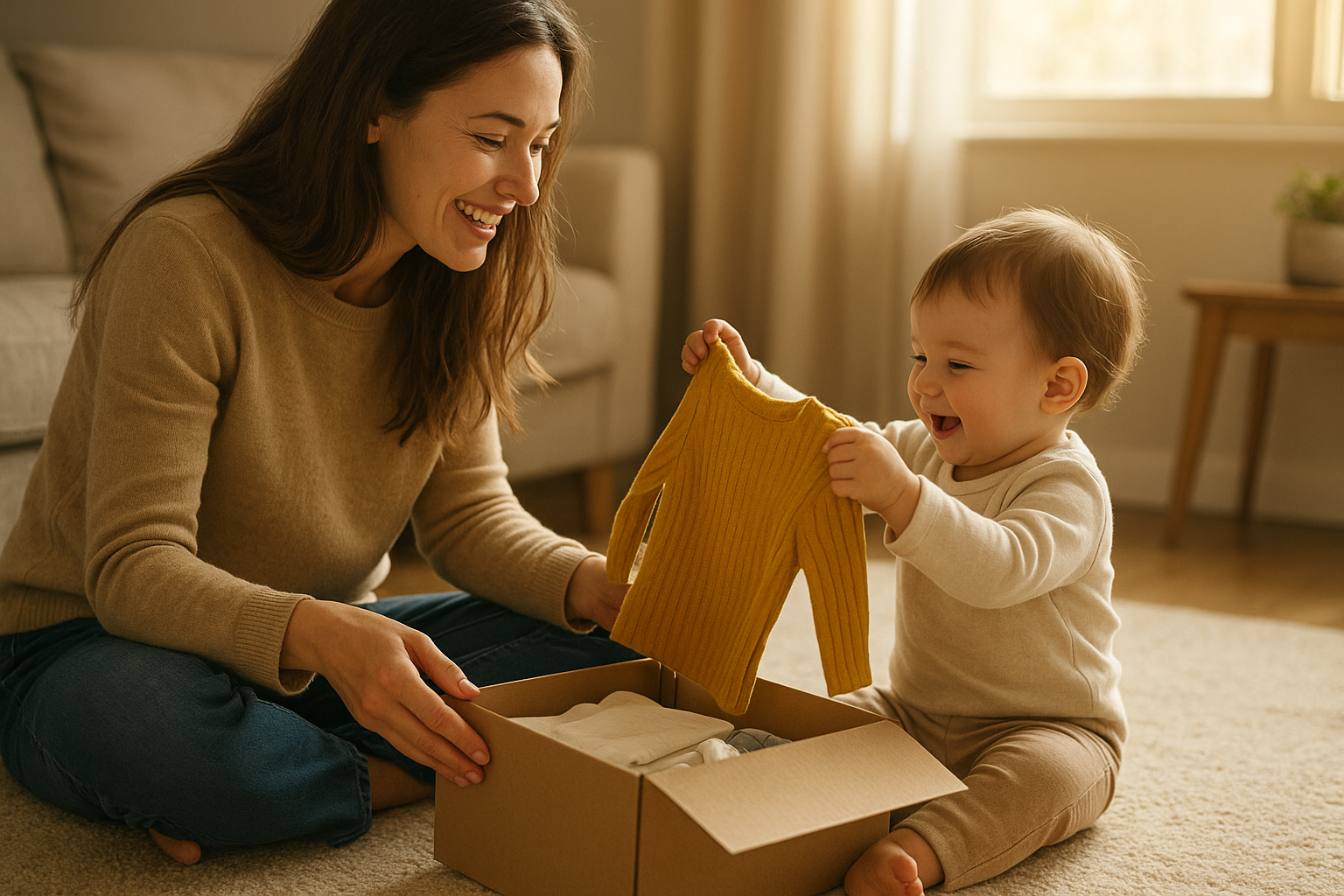Parent and child unboxing a sustainable children's clothing subscription package
