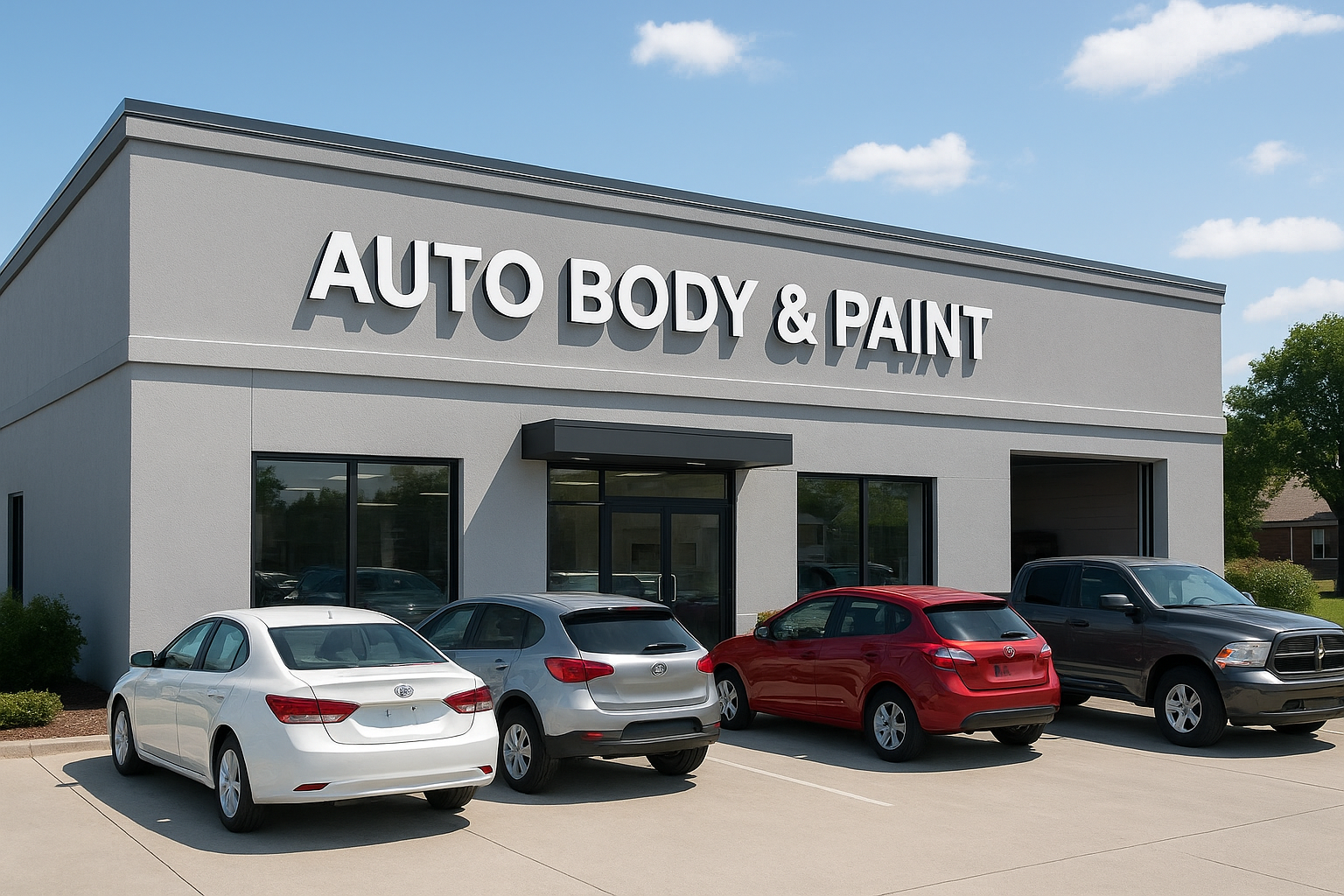 exterior of a professional body and paint shop near me with vehicles outside