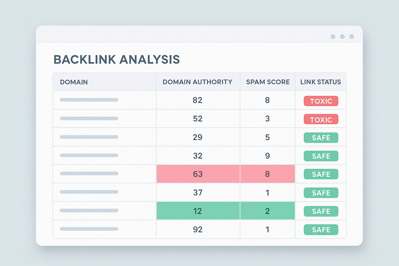 Digital spreadsheet dashboard used during a free backlink audit showing domain authority and spam score columns