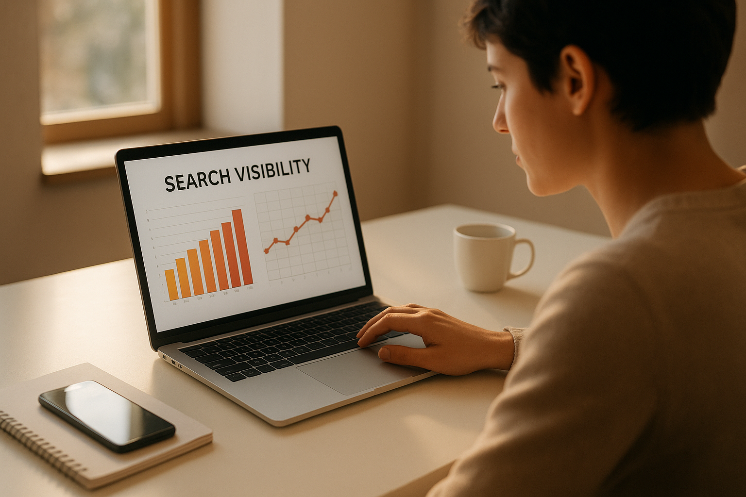 Marketer reviewing AI-generated search visibility reports on a laptop