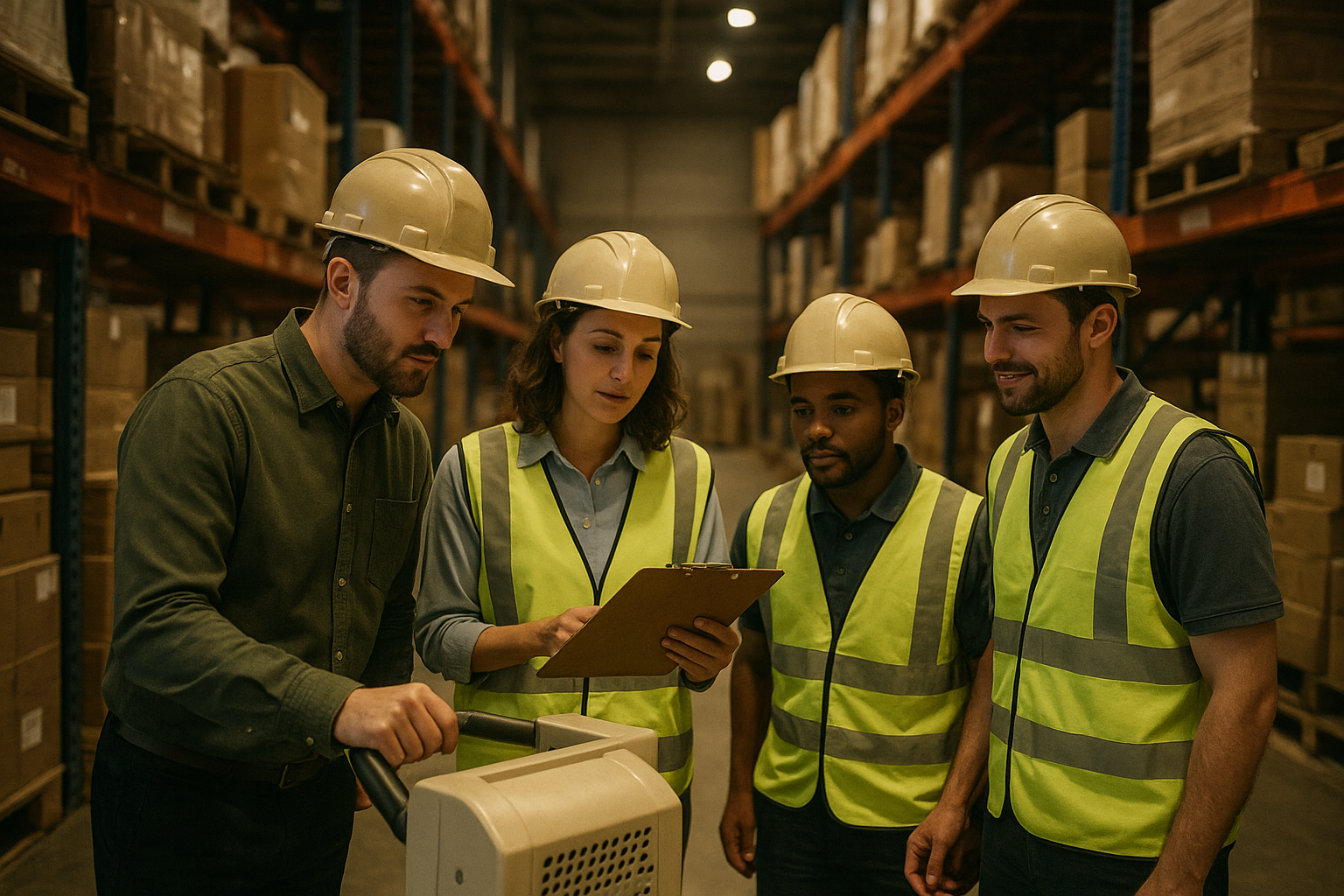 Warehouse team inspecting equipment funded through veteran business financing programs