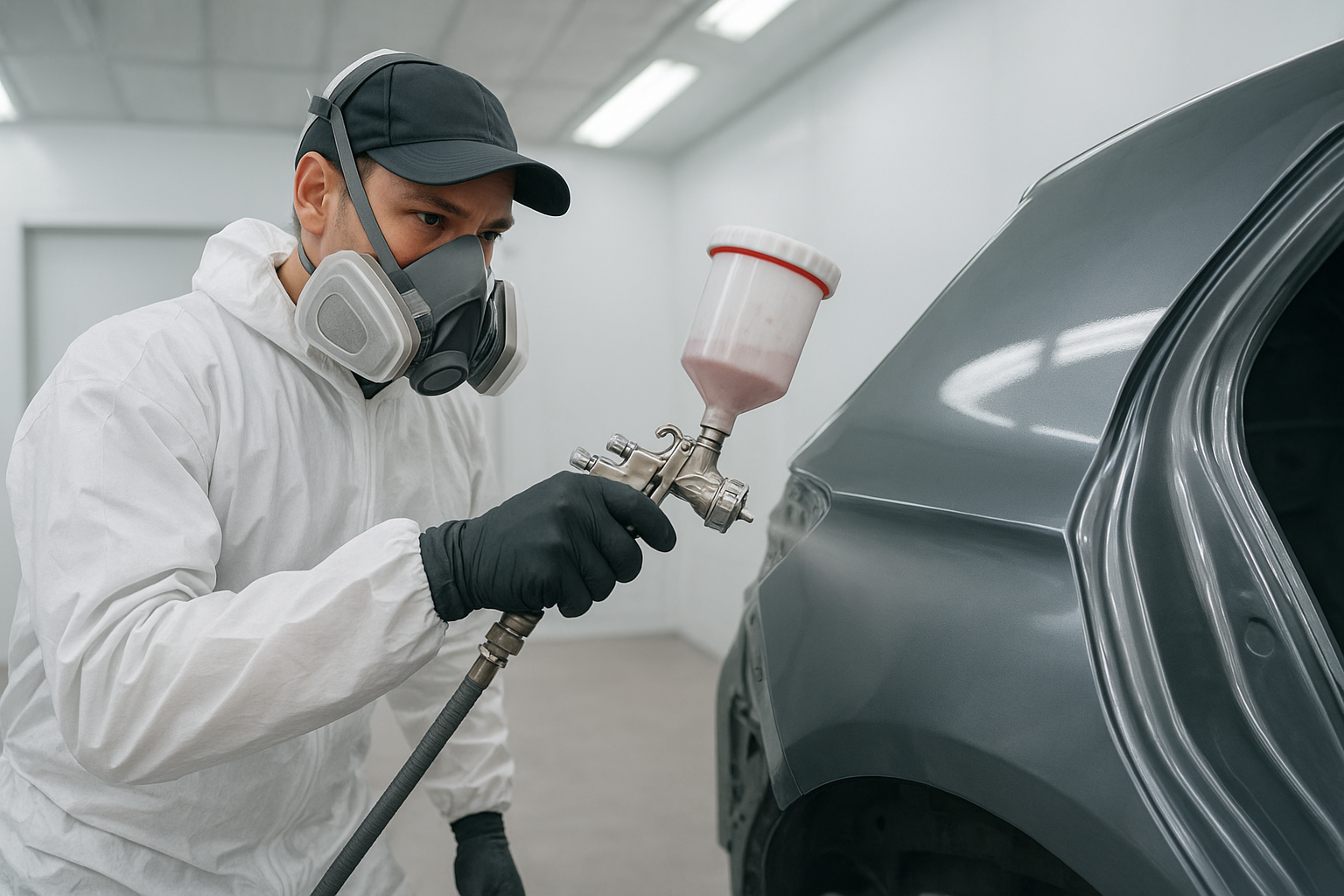 Certified technician color-matching paint during an auto body restoration