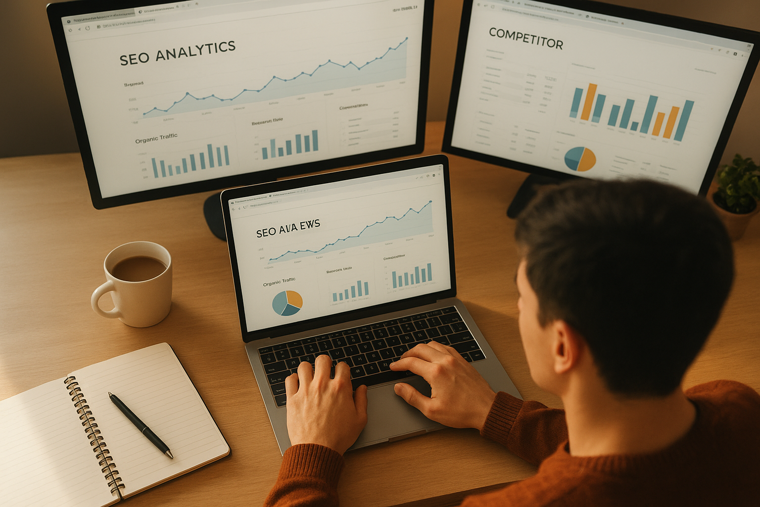 SEO analyst reviewing keyword data and competitor metrics to improve organic search rank