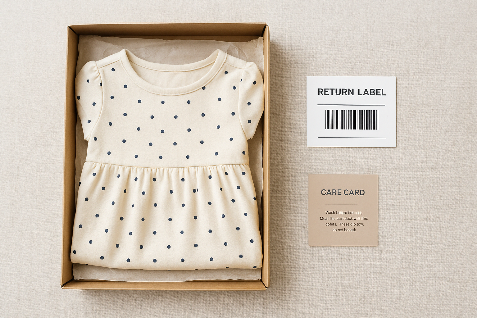 Eco-friendly packaging for a returned kids dress rental showing sustainable return process