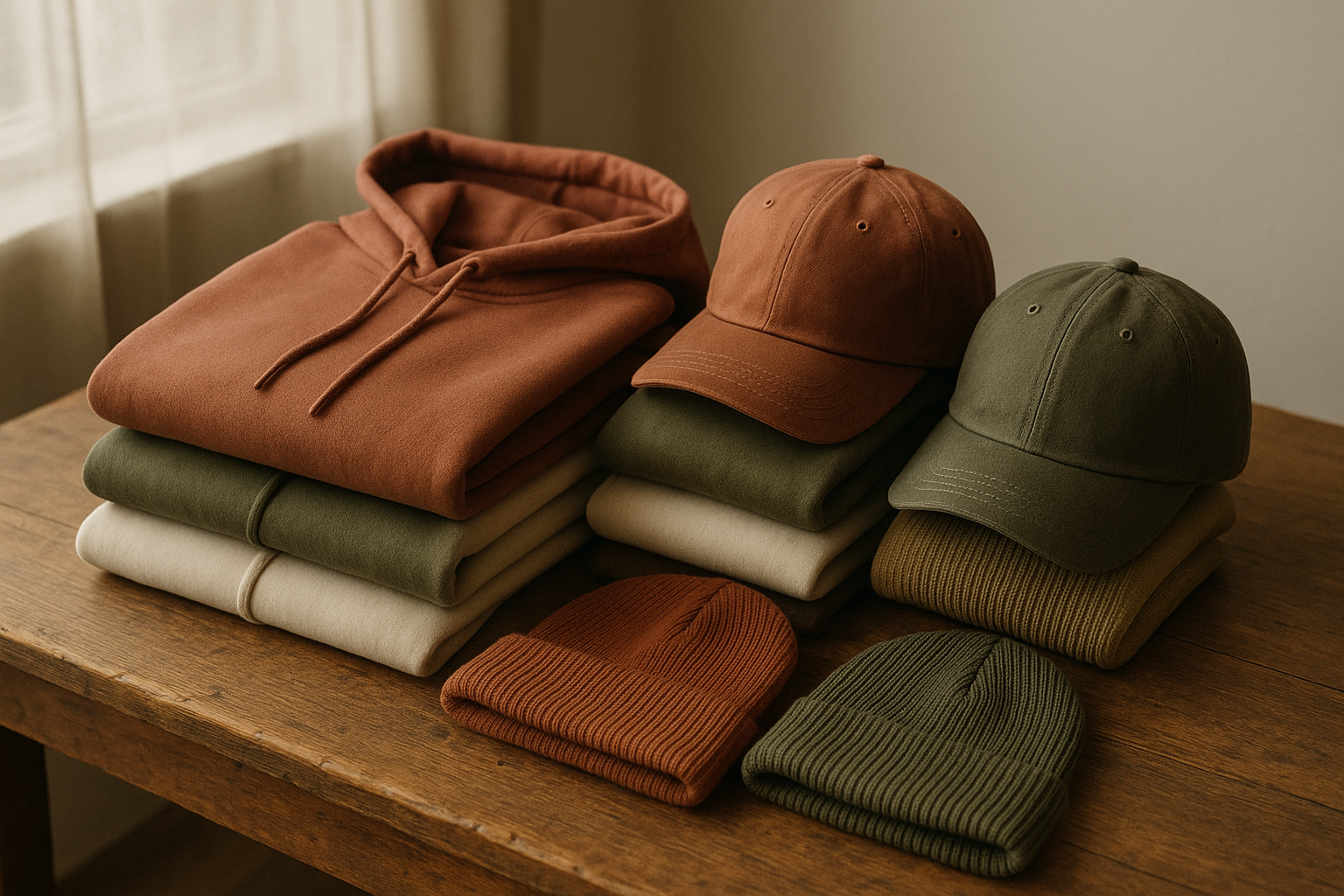 Stack of folded vintage-inspired hoodies and caps in a rustic retail display