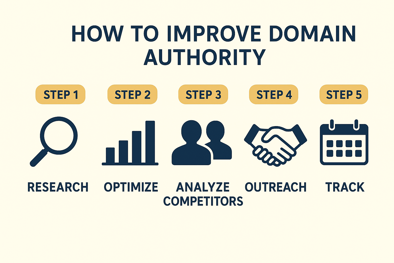 Five-step process infographic for improving domain authority using an SEO checker tool