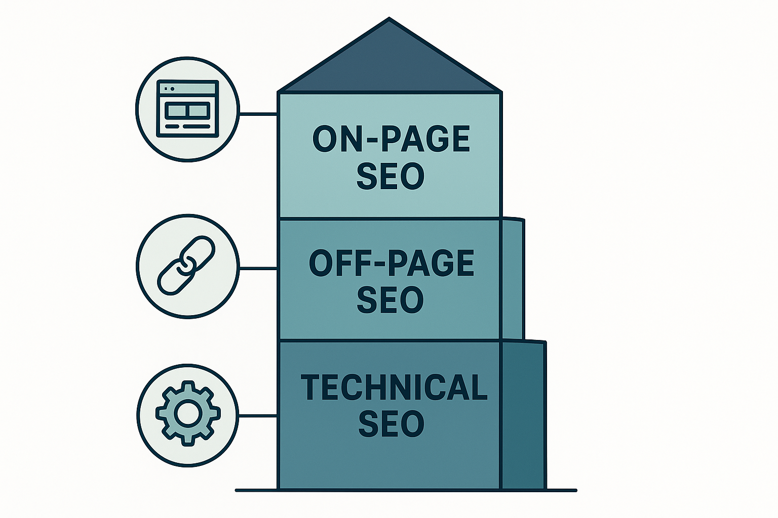 Diagram showing the three pillars of SEO: on-page, off-page, and technical optimisation